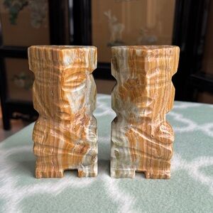 Carved Stone Bookends - Brown and Cream tribal figures